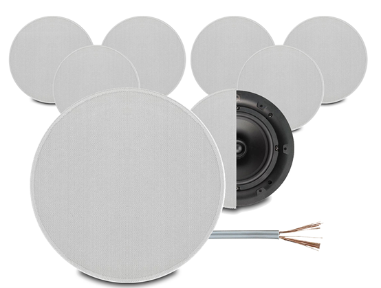 In-ceiling speakers used in a multi-room audio system with AmpVortex amplifier