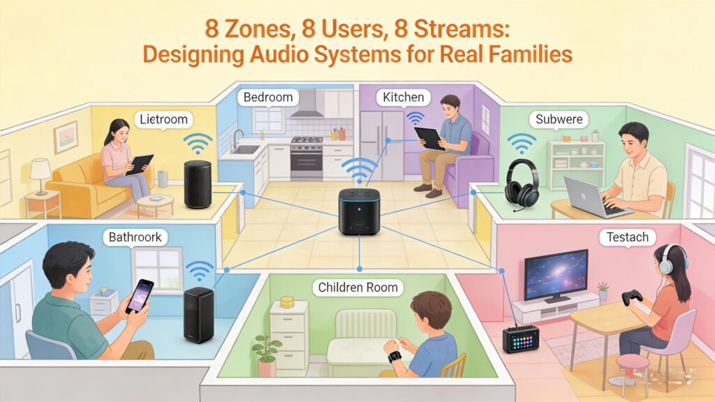 8 Zones, 8 Users, 8 Streams: High-Performance multi-room audio with ampvortex-16100G & 16060G