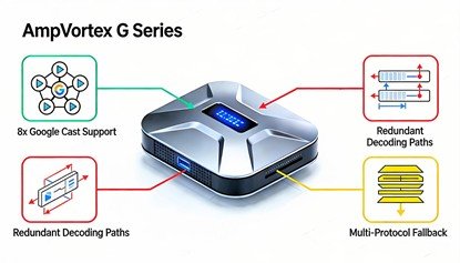 AmpVortex G Series multi-protocol streaming amplifier designed for uninterrupted playback