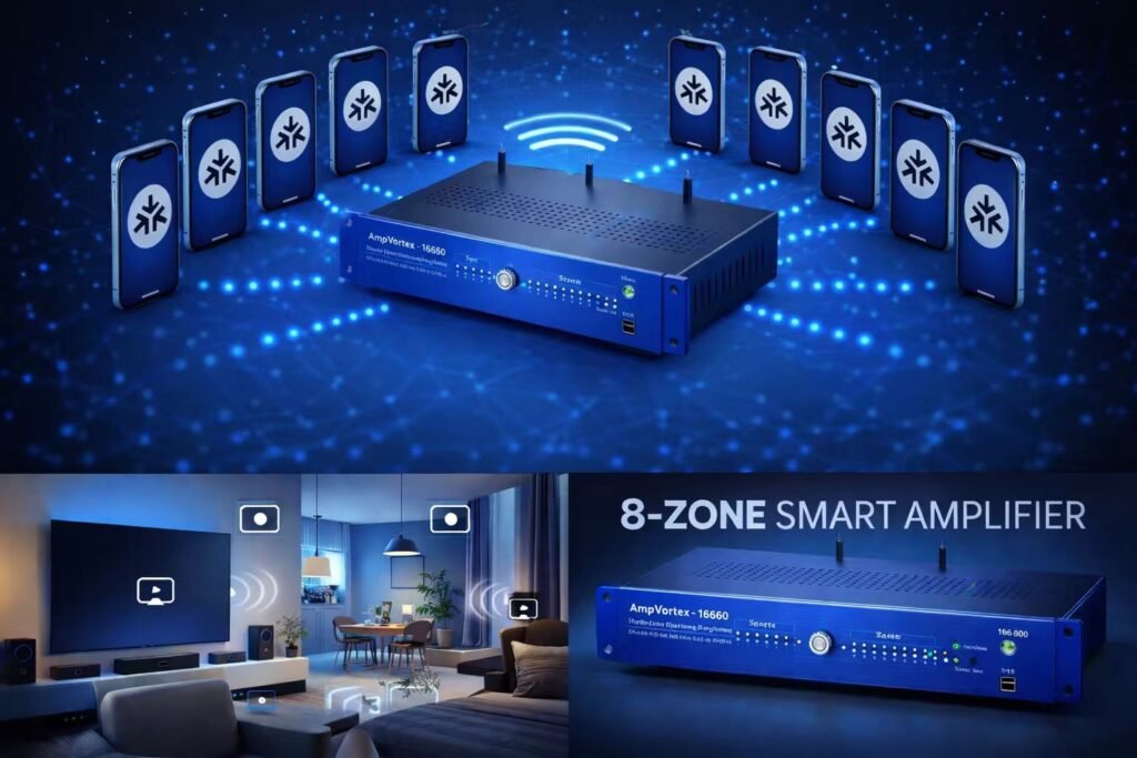 AmpVortex 8-zone smart amplifier with 8 simultaneous Matter Cast connections for whole-home multi-room audio