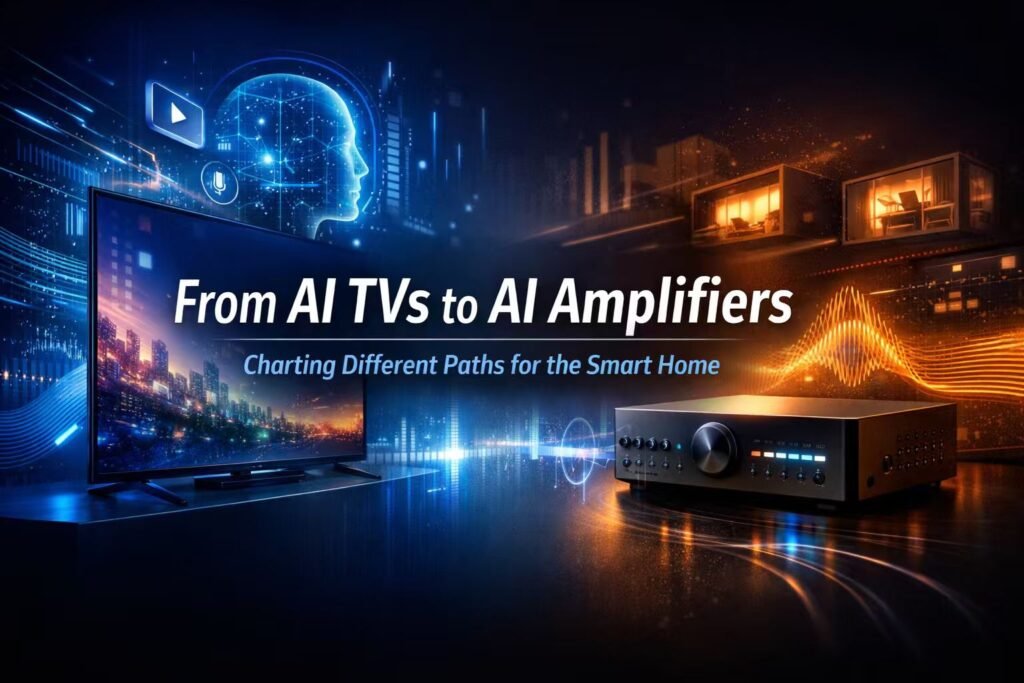 AI TVs versus AI amplifiers illustrating AmpVortex’s approach to intelligent whole-home audio