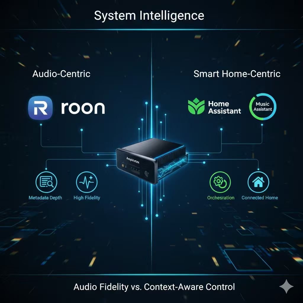 Modern music system stack diagram illustrating Spotify and Apple Music at the content layer, Roon as system intelligence, Sonos BluOS and HEOS as playback ecosystems, and AirPlay Chromecast and Spotify Connect as transport protocols.