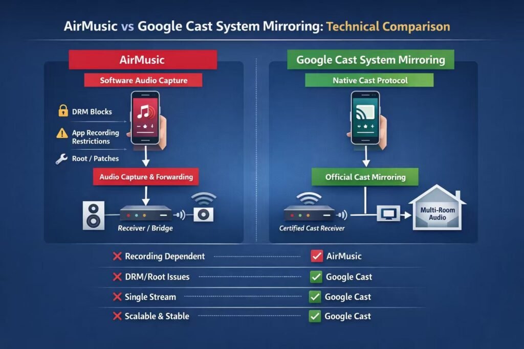 AirMusic vs Google Cast: Why AmpVortex’s 8× Google Cast Delivers True Multi-Room Audio