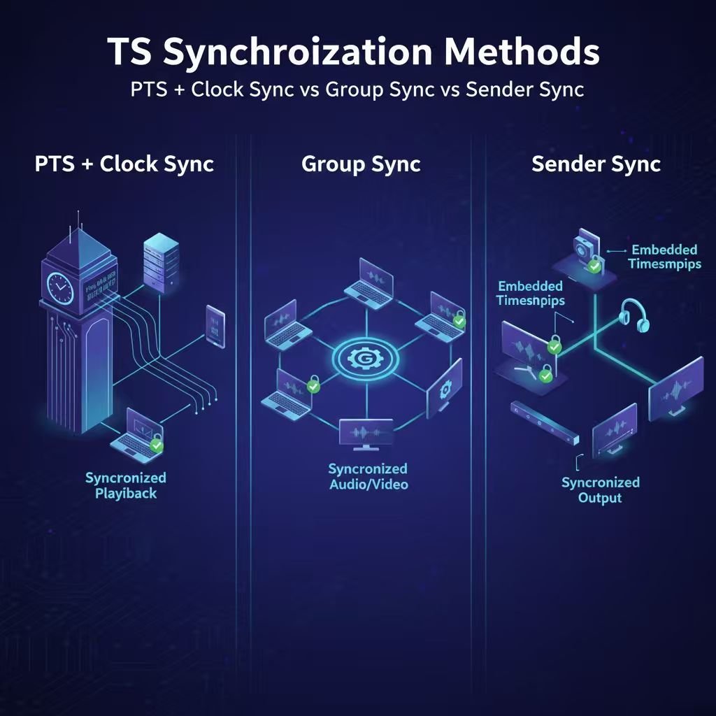 PTS + Clock Sync vs Group Sync vs Sender Sync