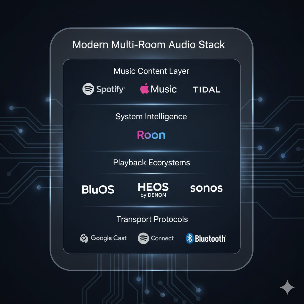Understanding the Modern Music System Stack: Roon, Sonos, BluOS, HEOS, and Streaming Protocols Explained