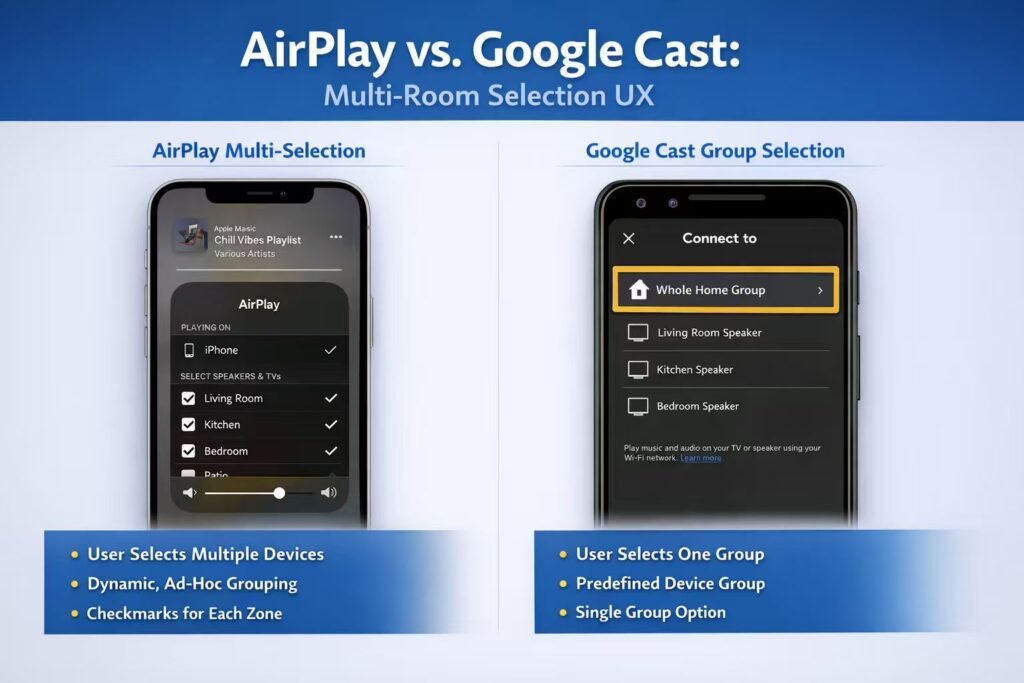 AirPlay Multi-Selection vs. Google Cast Group: Multi-Room Audio UX Explained