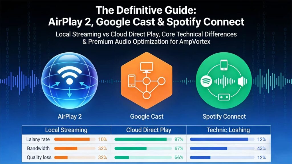 The Definitive Guide: AirPlay 2, Google Cast & Spotify Connect – Local Streaming vs Cloud Direct Play, Core Technical Differences & Premium Audio Optimization for AmpVortex