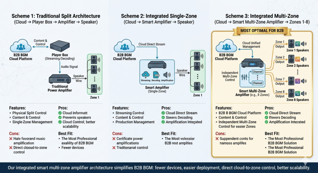 Comparison of traditional, single-zone, and multi-zone smart B2B background music system architectures
