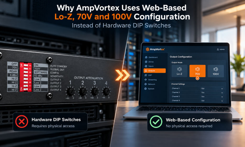 Why AmpVortex Uses Web-Based Lo-Z, 70V and 100V Configuration Instead of Hardware DIP Switches
