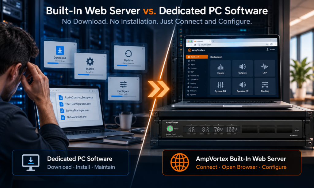 Why AmpVortex Power Pool Commercial Amplifiers Use a Built-In Web Server Instead of Dedicated PC Software